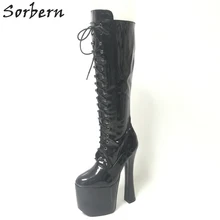Sorbern/черная пикантная обувь из лакированной кожи; женские сапоги до колена на не сужающемся книзу массивном каблуке " /3,5"; женские странные туфли