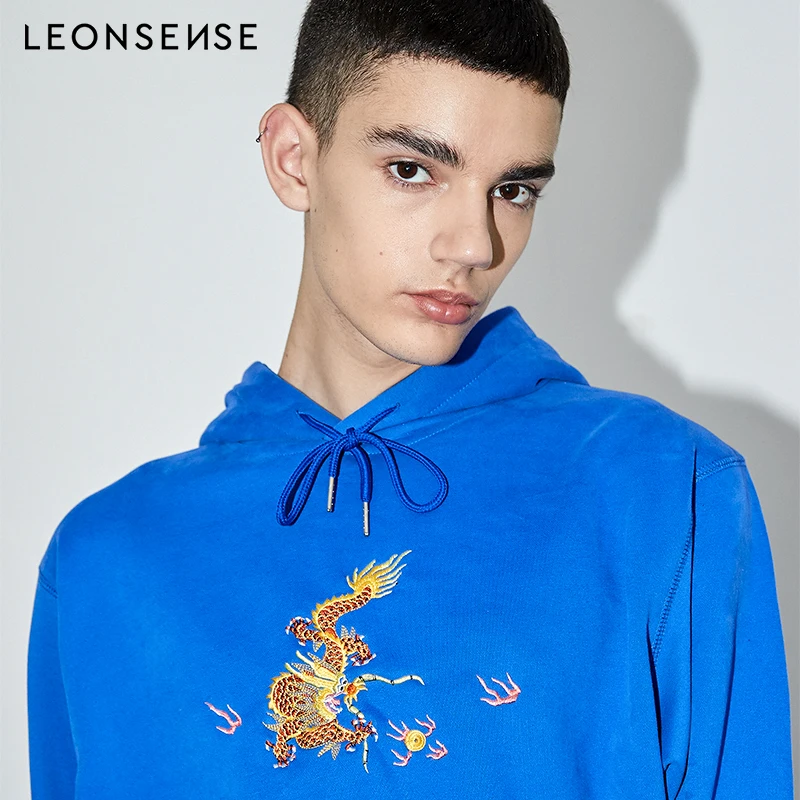 LEONSENSE New Fashion blue men's Long-Sleeves Hoodies Gothic Dragon head embroider Warm Hoodies men Round Collar Cotton Pullover