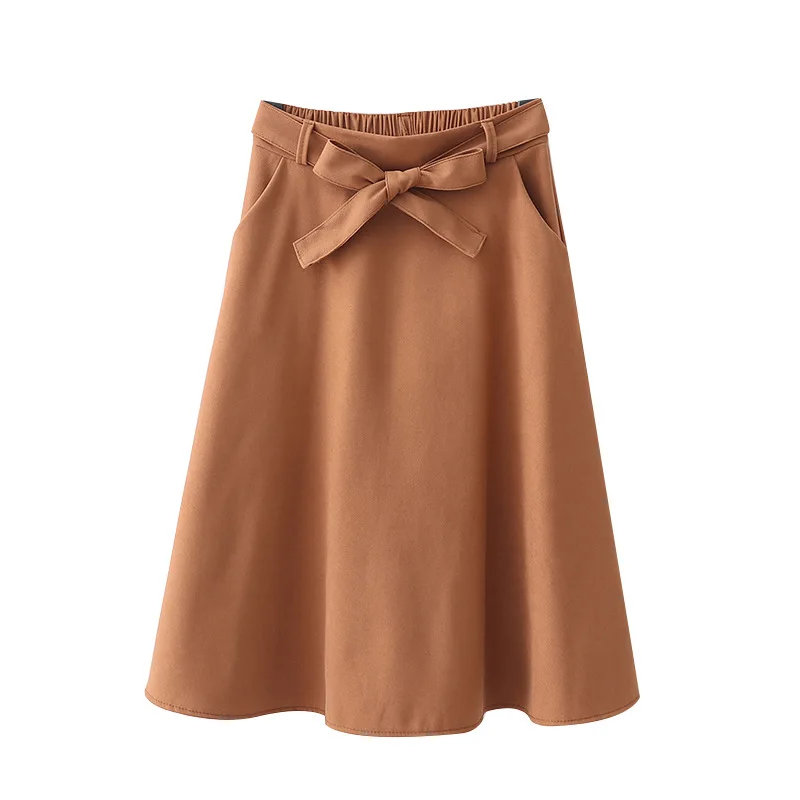 

New Korean Solid Autumn Cotton Midi Skirts Womens 2019 Spring Lace Up Elastic Waist Long Women Skirt Knee Length Skirt Female