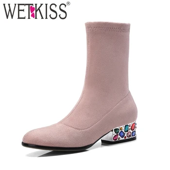 

WETKISS 2018 New Crystal Thick Heels Women Boots Stretch Bootie Fashion Suede Party Sock Shoes Lady Round Toe High Neck Footwear