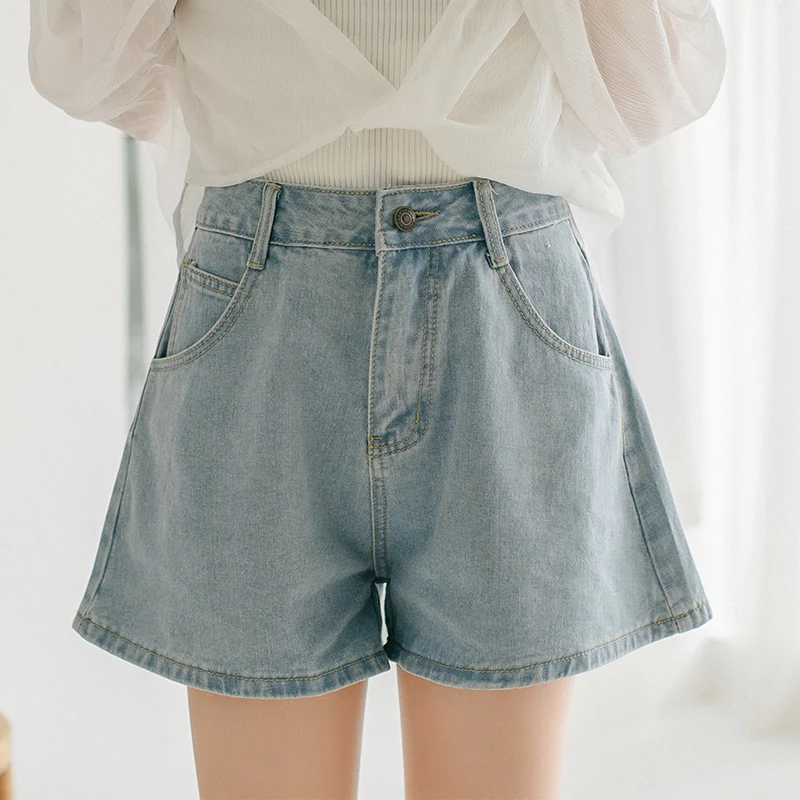 Summer Denim Flare Shorts Women Loose Wide Leg Short Pants Vintage Blue