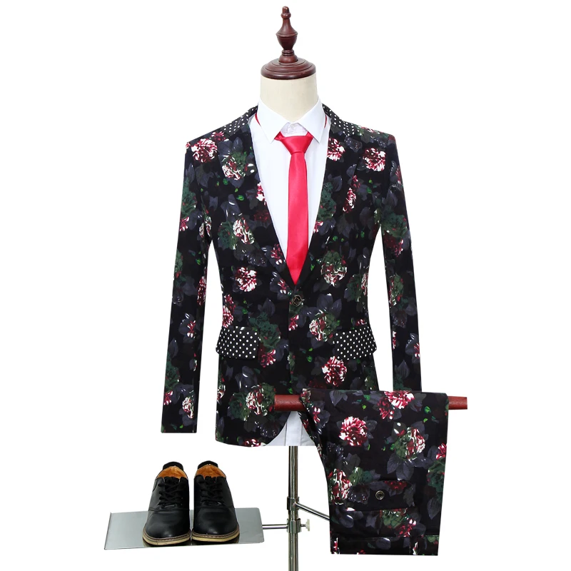 Floral Party Suits Man Two Pieces Wedding Sets Suits Vintage Flower Print 2019 Harajuku Wedding Suit For Mens Slim Fit Clothes