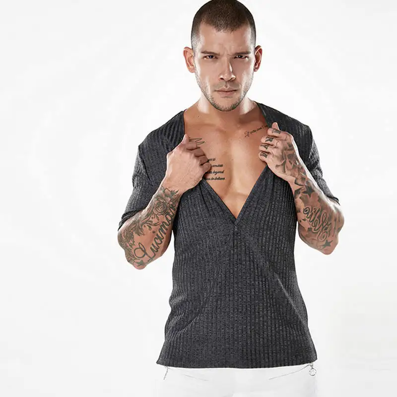 Cotton Sweater Men short sleeve pullover Mens V Neck