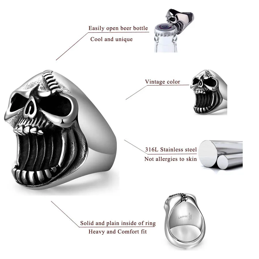 FDLK, модные ювелирные изделия, кольца в виде черепа, готический панк, мужские, винтажные, шрам, челюсть, нержавеющая сталь, уникальное кольцо для мужчин, открывалка для бутылок пива