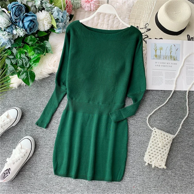 

Amolapha Women Soild Slash Neck Batwing Sleeve Knit Dresses Long Sleeve Loose Mini Knitting Dress Vestidos