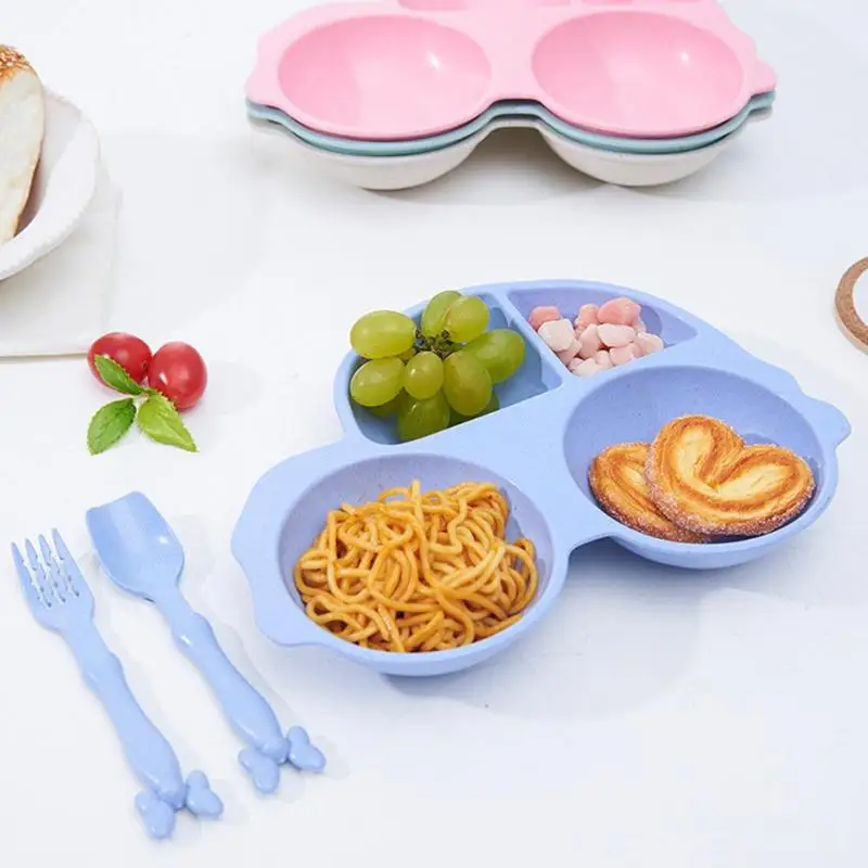 Children Sub Grid Plate Bowl Creative Plate Kids Wheat Straw Tableware Set