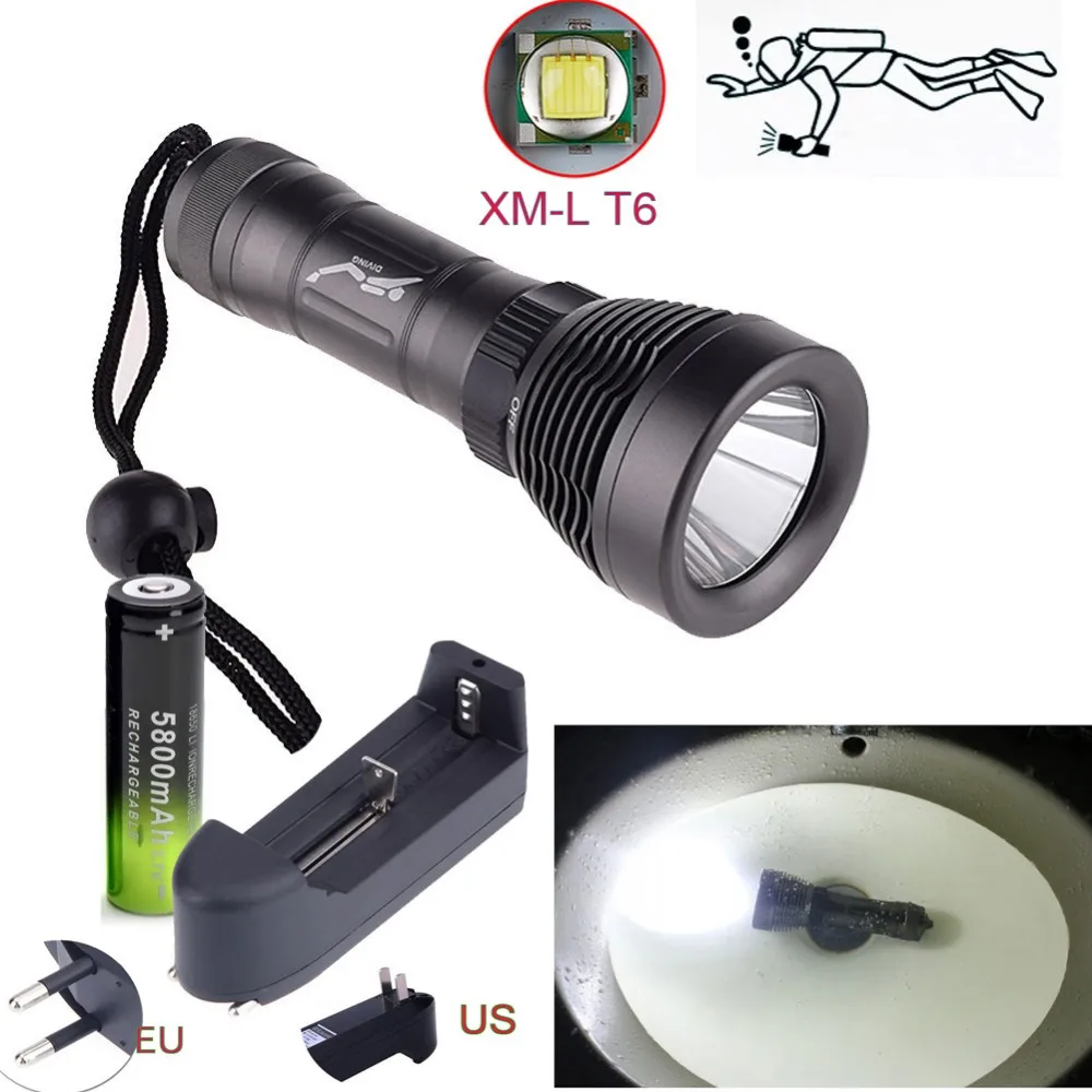 Масштабируемые 2500lm 80 м XML T6 светодиодный фонарик подводный Torch Light Водонепроницаемый + 18650 аккумулятор + зарядное устройство