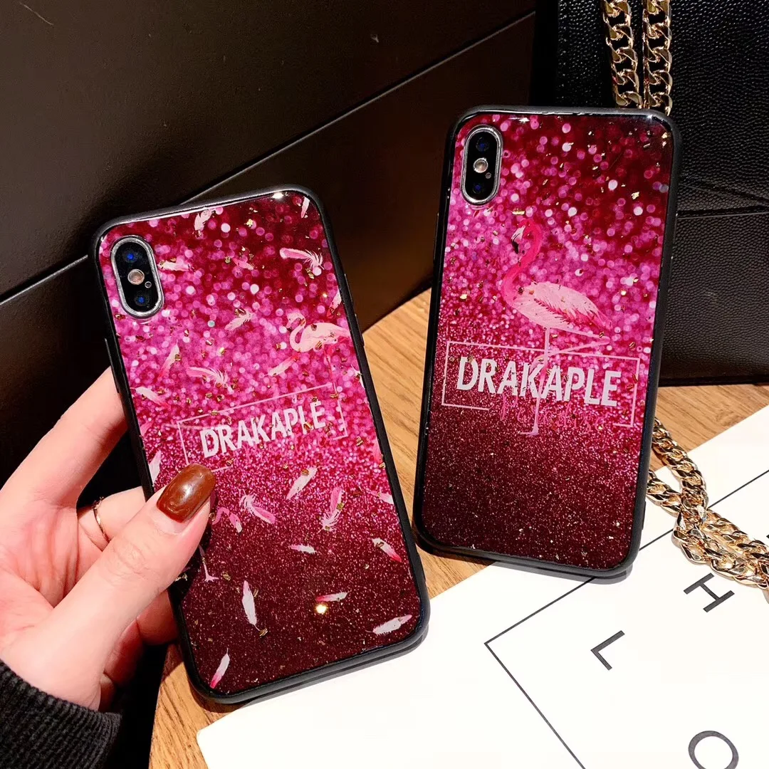 

Fashion Bling Glitter Phone Case For iphone X XS Max XR 6 6s 7 8 Plus Gold Foil Pink Flamingo Hard PC+Tpu Cover Case Coque