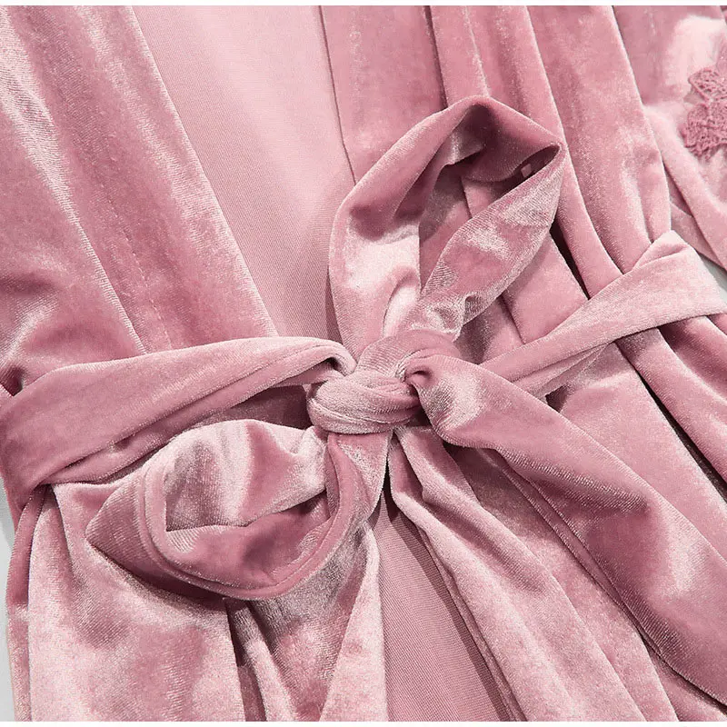 LLYGE Для женщин бархатная осень ночные рубашки брюки 4 шт. пижамный комплект 2018 Женская мода пижамы дамы Лук рюшами спальный костюм
