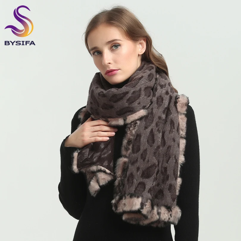 

[BYSIFA] Winter Coffee Pashmina Scarves New Luxury Brand Leopard Print 100% Real Rabbit Hair Wool Long Scarves Shawl 180*70cm