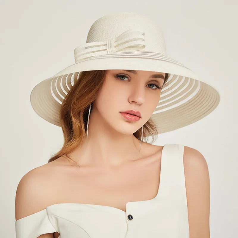

New fashion elegant ladies bow mesh straw hat Foldable casual British ladies travel accessories cap