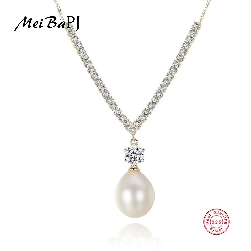 

[MeiBaPJ]Real Freshwater Pearl Simple Personality Golden Pendant Necklace 925 Solid Silver Fine Jewelry for Women