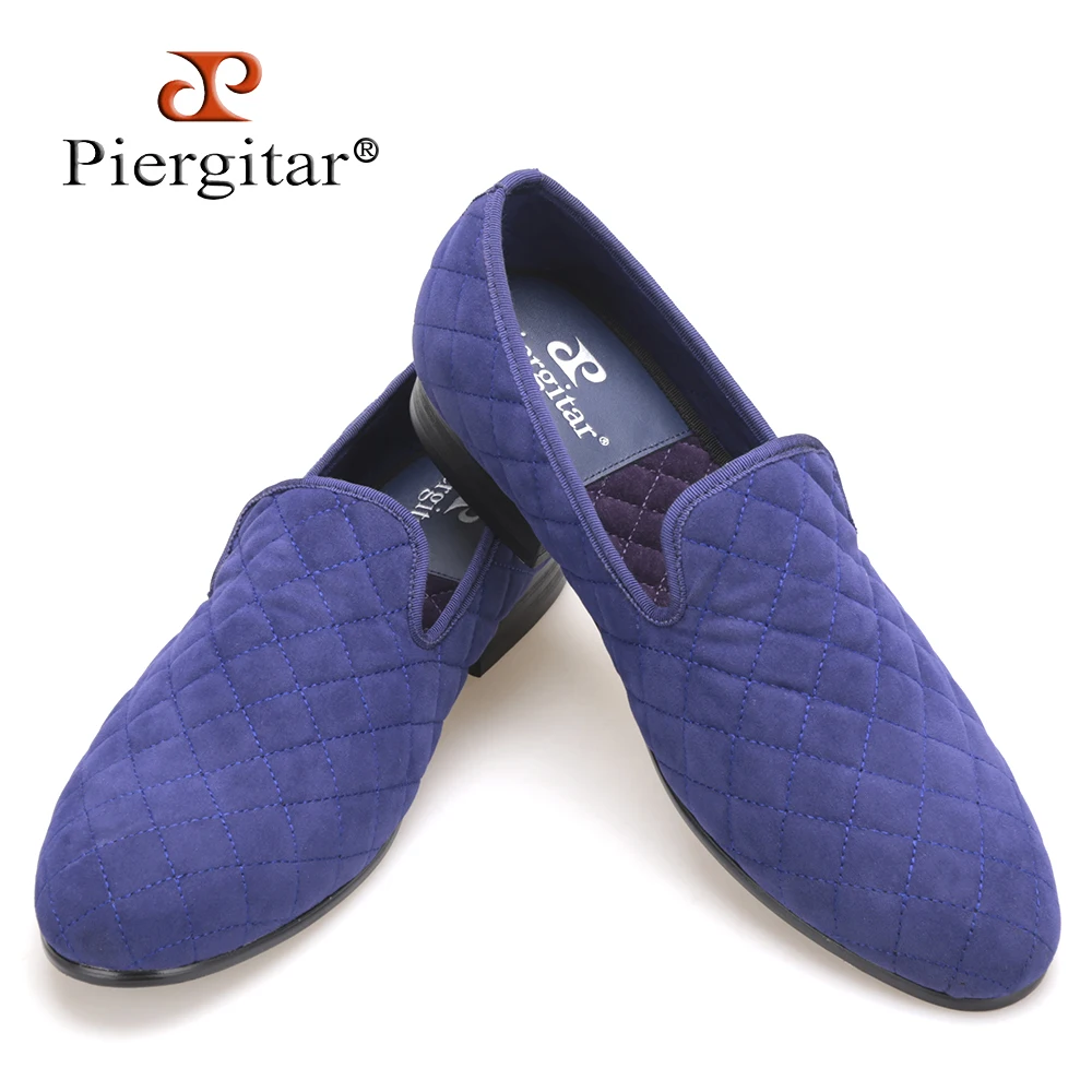 

Handcraft men white and blue velvet shoes with stitching plaid pattern British smoking slippers male casual shoes men's loafers