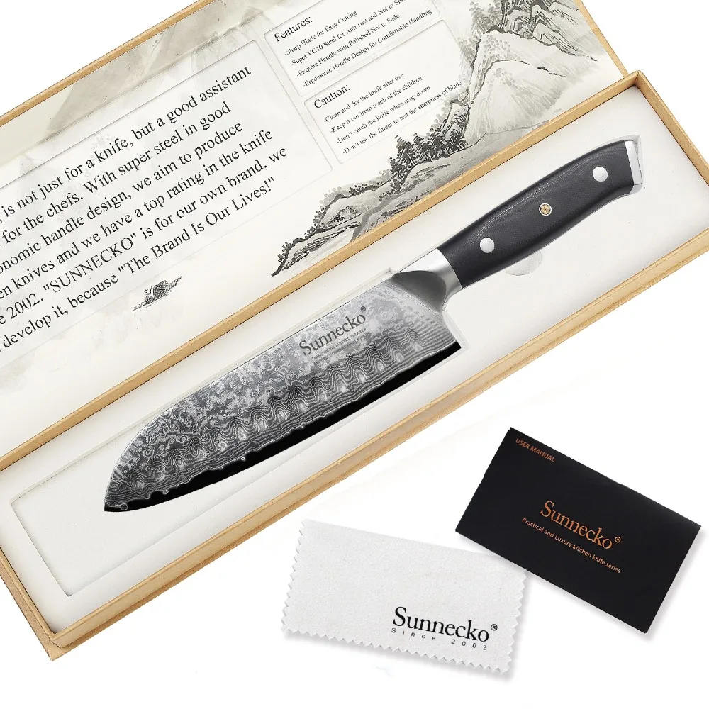 SUNNECKO " дюймовый нож шеф-повара Santoku кухонные ножи резак инструмент японский Дамаск VG10 сталь острое лезвие 60HRC G10 шлифовальная ручка