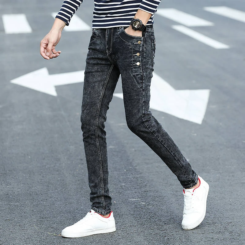 Idopy новые обтягивающие мужские джинсы кнопки эластичный корейский Для мужчин повседневные зауженные джинсы подходят черного цвета в стиле «хип-хоп» джинсовые штаны, мужские брюки