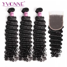Yvonne Brazilian Deep Wave Bundles with Closure Virgin Human Hair Weave 3 Bundles With Closure 4×4 Natural Color