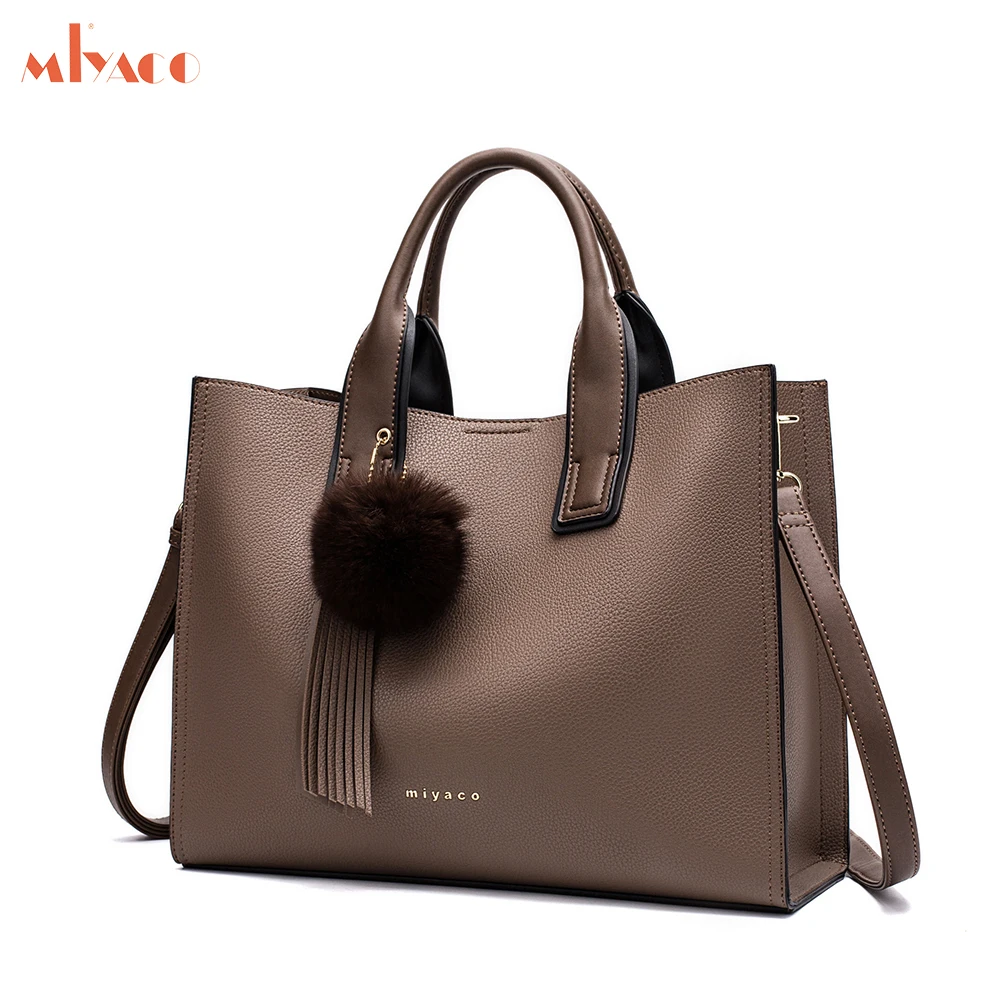Miyaco Women Leather Handbags Casual Brown Tote bags Crossbody Bag TOP-handle bag With Tassel and fluffy ball цена Miyaco Women Leather Handbags Casual Brown Tote bags Crossbody Bag TOP-handle bag With Tassel and fluffy ball цены онлайн