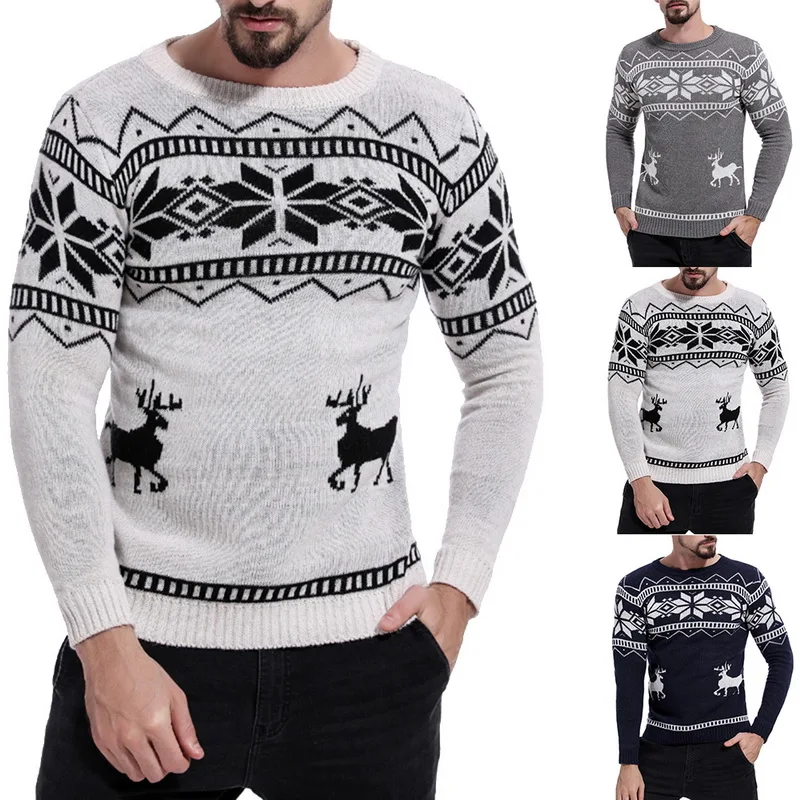 

MJARTORIA 2019 Autumn Winter Casual Men's Sweater o-Neck Pullover Geometric Christmas Raindeer Knittwear Pullovers Pull Homme