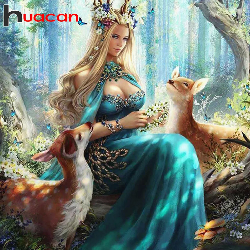 

Huacan Full Diamond Embroidery Complete Kit Fairy Picture Of Rhinestones Diamond Mosaic Deer Home Decoration