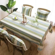 Modern Tablecloths Coffee Restaurant Dining Simple Blue Green Striped Table Cloth With Tassel 100% Cotton Waterproof Table Cover furniture restaurant combination adjustable fold modern simple dining table