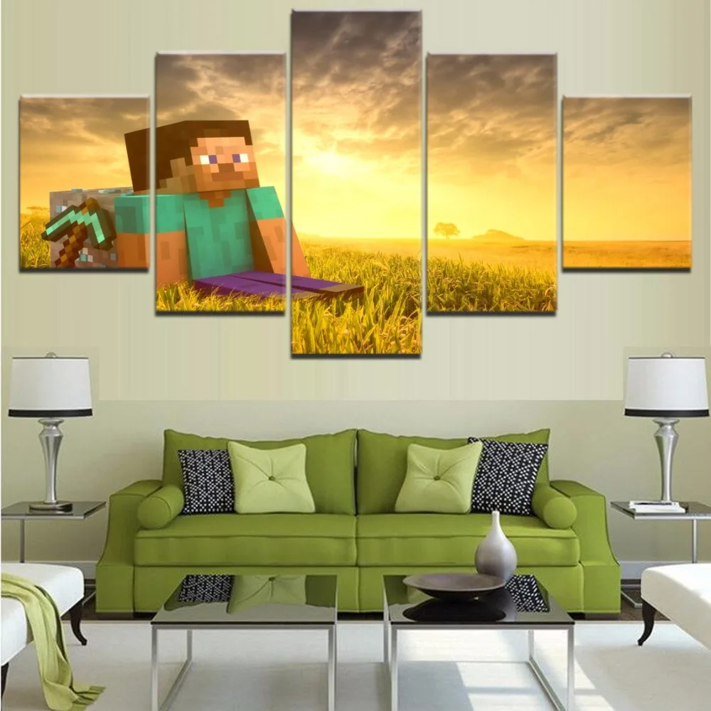 

Modular Wall Art Game Poster Home Decor Living Room Canvas Picture Framework 5 Piece Minecraft Mojang Steve Sword Print Painting