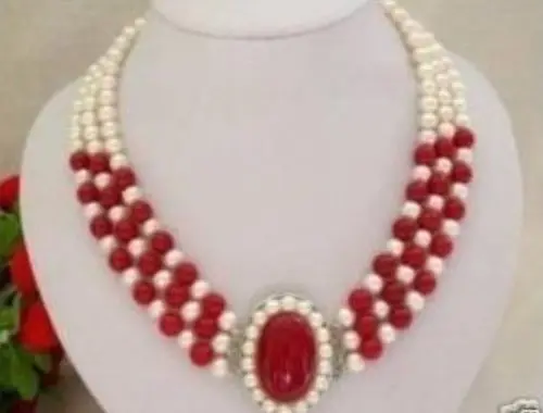 

Free shipping >>>>>>3 row white pearl red coral clasp necklace