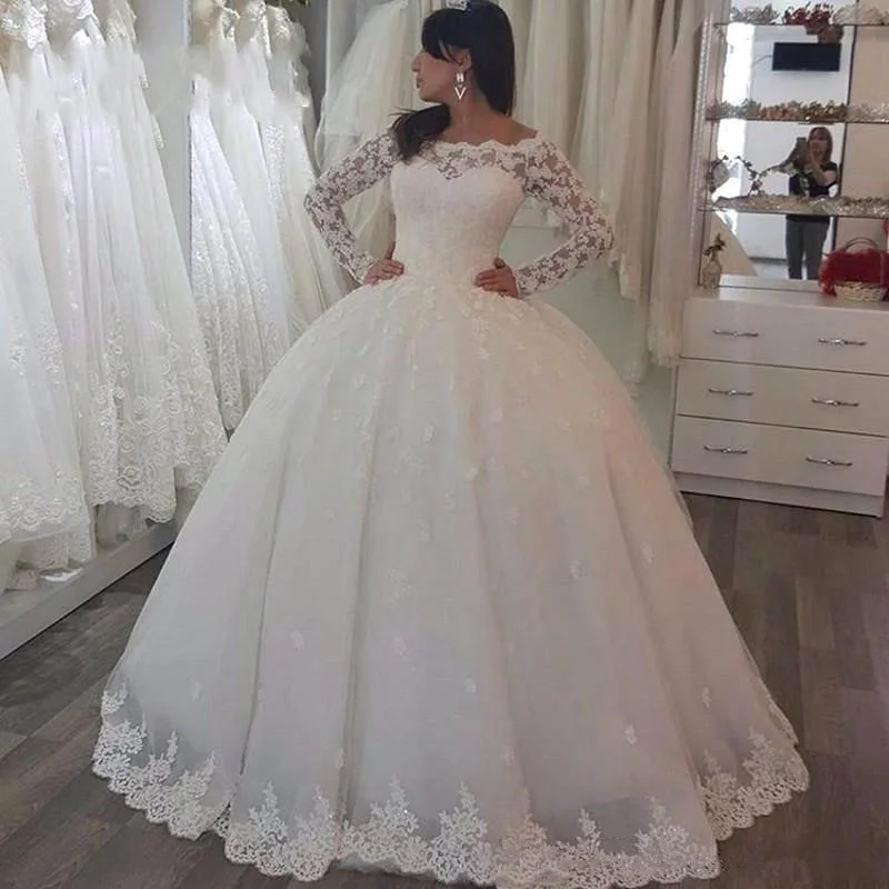 

Formal Arrive Long Sleeve Sheer Neck Wedding Dresses with Sleeves Ball Gown Lace Applique Floor Length Zipper Bridal Party Gowns