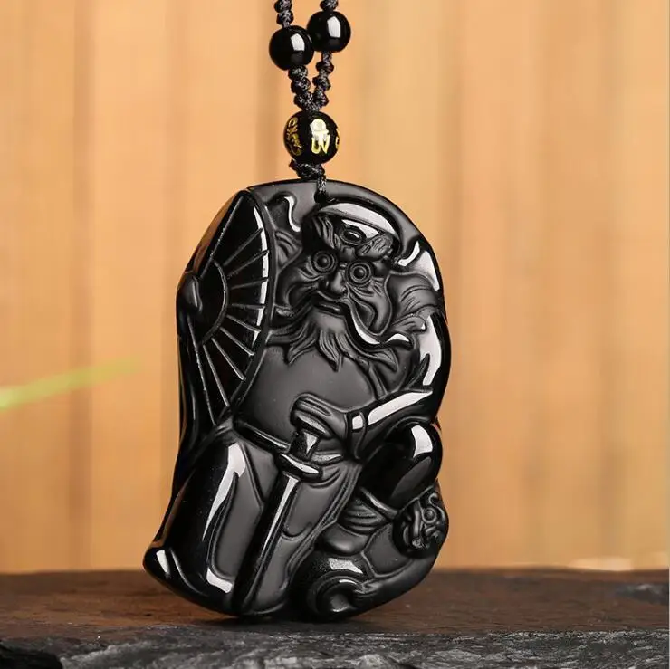 

NATURAL OBSIDIAN CARVED CHINESE ZHONG KUI AMULET PENDANT(obsidian pendant)