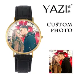 YAZI уникальный Дизайн пользовательские смотреть фото любителей подарок пару часов Lucky логотип печать в циферблате Наручные часы для Для
