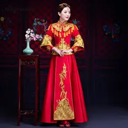 Современная вышивка кисточкой Длинные Cheongsam Китай невесты платья для свадьбы Qi Pao Женщин Китайское вечернее китайское платье-Ципао дракон