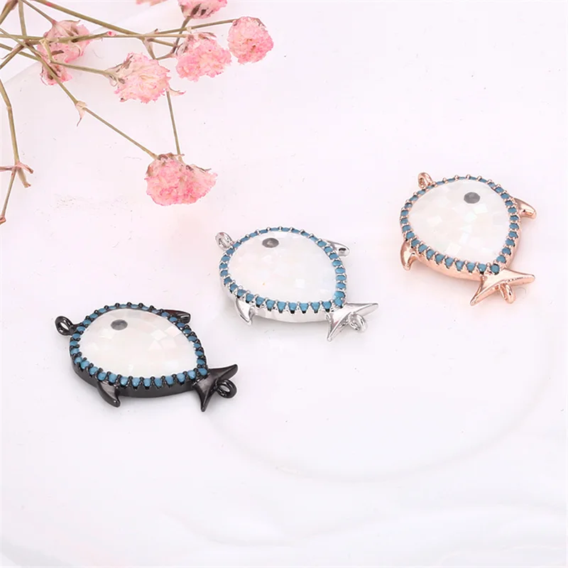 

25mm*17mm Micro Pave CZ Luxury Natural Abalone Shell Craft Jewelry Fish Charm bracelet connector for DIY Jewelry Accessories