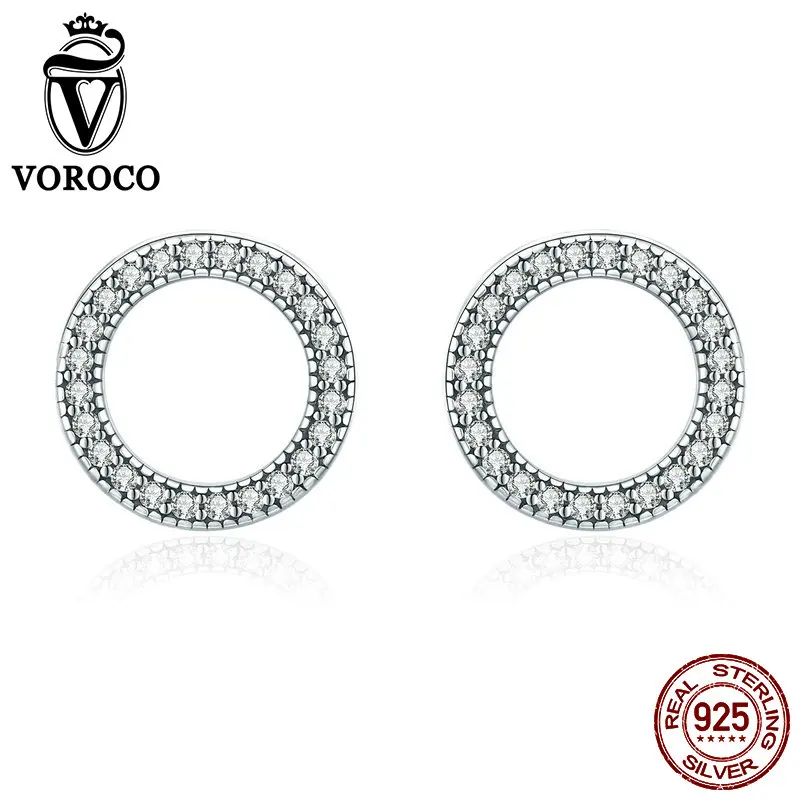 VOROCO Authentic 925 Sterling Silver Glitter Round Circle Stud Earrings For Woman Cubic Zircon Fine Jewelry Wedding Gift BKE417