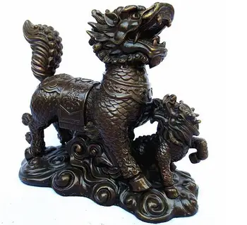 

Chinese FengShui Bronze Carved Guard Evil Dragon Kylin QiLin Beast Statue Pair