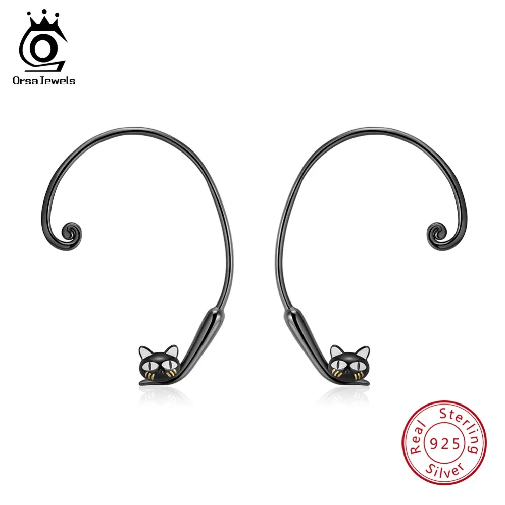 

ORSA JEWELS Real Silver 925 Earrings For Women Cute Black Cat Shape Big Stud Earing Sterling Silver Jewelry Unique Design OSE91