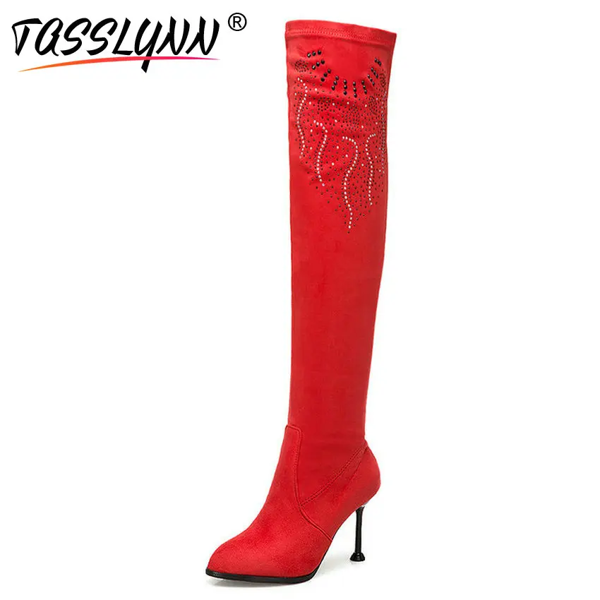 

TASSLYNN 2018 Women Winter Boots Thin High Heels Over The Knee Boots Autumn Shoes Pointed Toe Crystal Woman Boots Plus Size 43