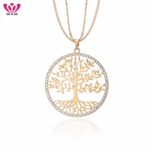 Yggdrasil – pendentif arbre de vie rond en cristal pour femmes, chaîne longue, couleur or, plante, bijoux à la mode, vente en gros