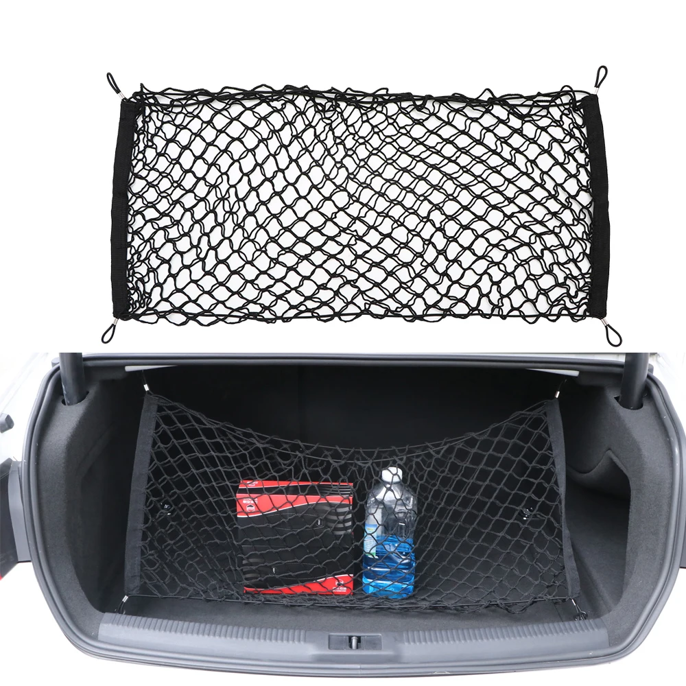 

90x40cm Black Envelope Style Car Rear Trunk Mesh Bag with Hooks 4 Loops Double Layers Cargo Tiding Auto Net Storage Bag Pocket