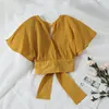 Woherb 2022 Summer Short Sleeve Blouse Women Crop Tops Elegant Back Bow Bandage Shirt Ladies Backless Kawaii Blusas 20904 ► Photo 2/6