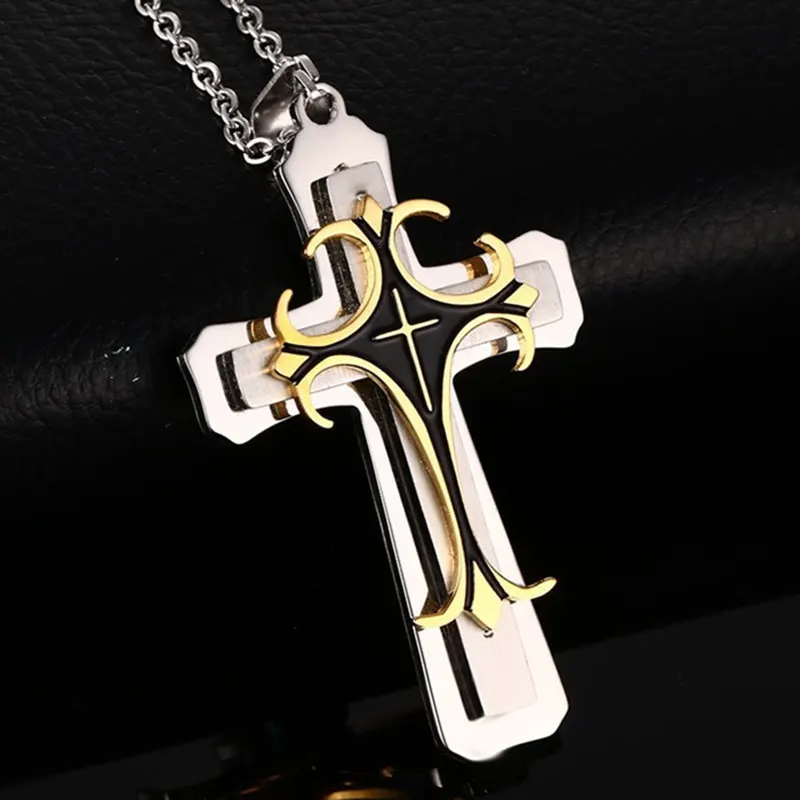 

2019 New Fashion Cross Pendant Necklace for Men Multi-layer Metal Creative Cross Gold and Silver Pendant Long Necklace