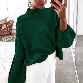 

Women Turtleneck Sweaters Pull Jumpers European Casual Twist Warm Lantern Sleeve Sweaters Female Oversized Pull