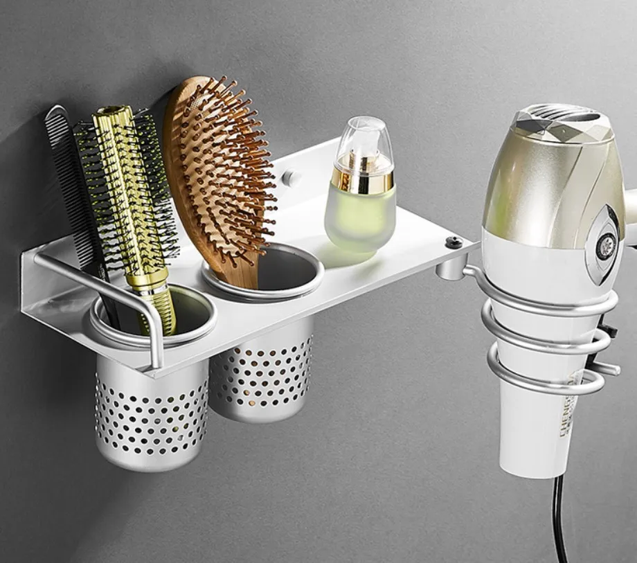 

Space Aluminum Alloy Bathroom Hair Dryer Holder Wall Mounted Multi function Rack Comb Storage Organizer Hairdryer Holder B516