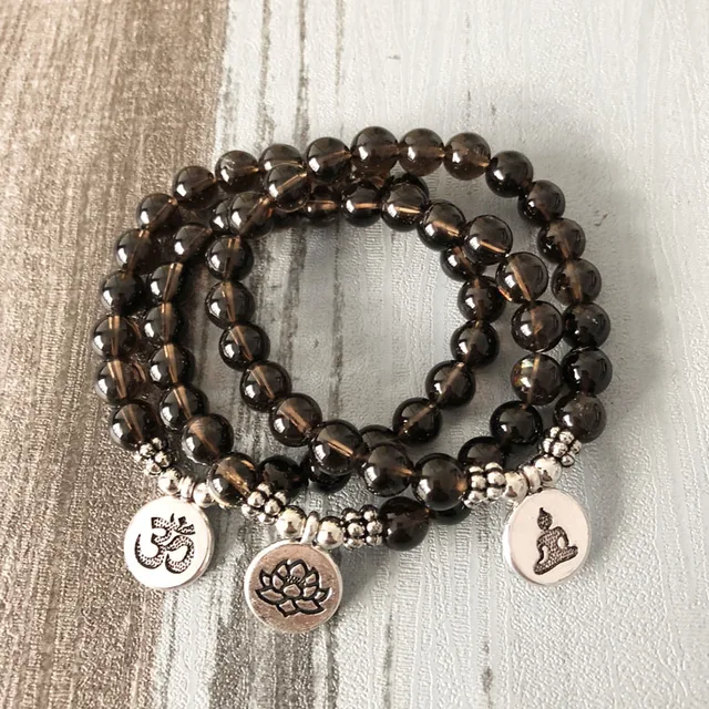 Men Women A Mala Om Bracelets Lotus Buddha Yoga Charm Wrist Smoky Men Women A Mala Om Bracelets Lotus Buddha Yoga Charm Wrist Smoky Q Uartz Beaded