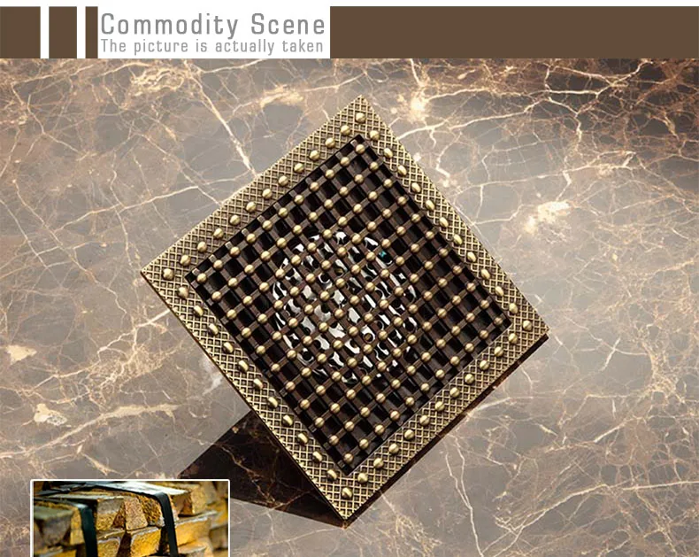 15 x 15 Square Bathroom Shower Drain Floor Drain Trap Waste Grate Antique Brass Grid Drain