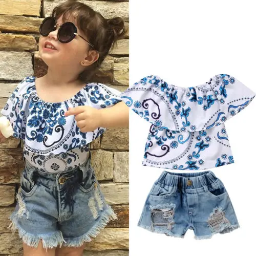 Little Baby Girls Outfits Kids Summer Casualwear Set Top+Denim Shorts Costumes Little Baby Girls Outfits Kids Summer Casualwear Set Top+Denim Shorts Costumes