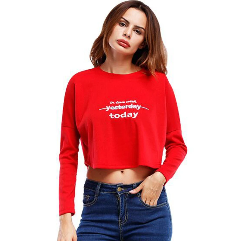 2017 de La Moda Bordado Crop Top Sexy Mujeres de la Camiseta de Manga Larga Del O cuello Flojo Otoño Negro/Blanco/rojo Delgado Camisetas|crop top t shirt|fashion shirt woment shirt
