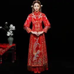 Невесты традиции красный Cheongsam долго Qipao свадебное платье Традиционный китайский платья Vestido Чино Chinees Jurkje халат Восточный