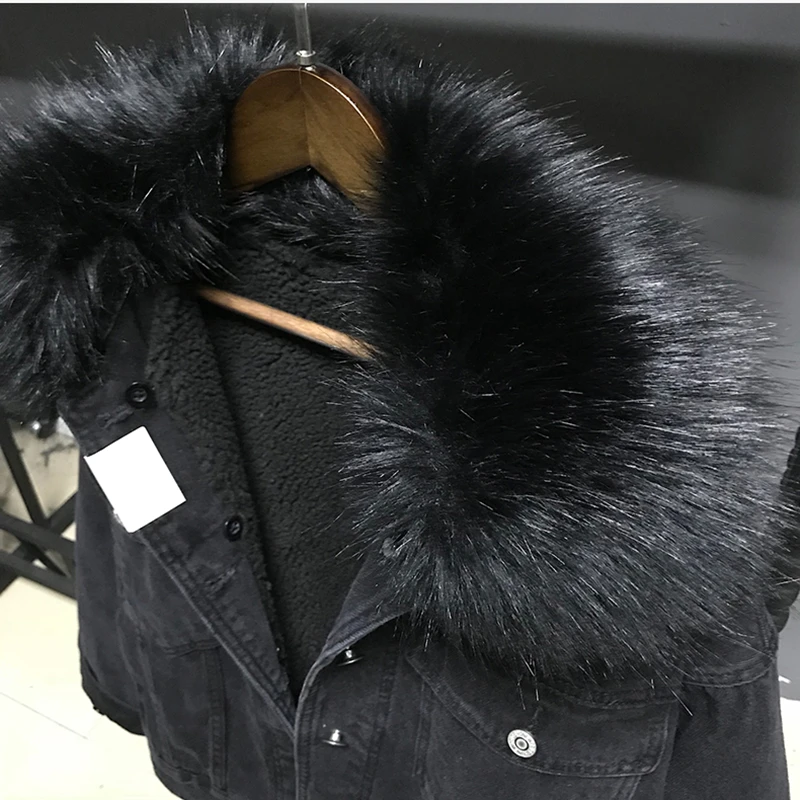 Ideal  Autumn Winter Big Fur Collar Denim Jacket Women Thick Warm Lambswool Jeans Jacket Fashion Large siz
