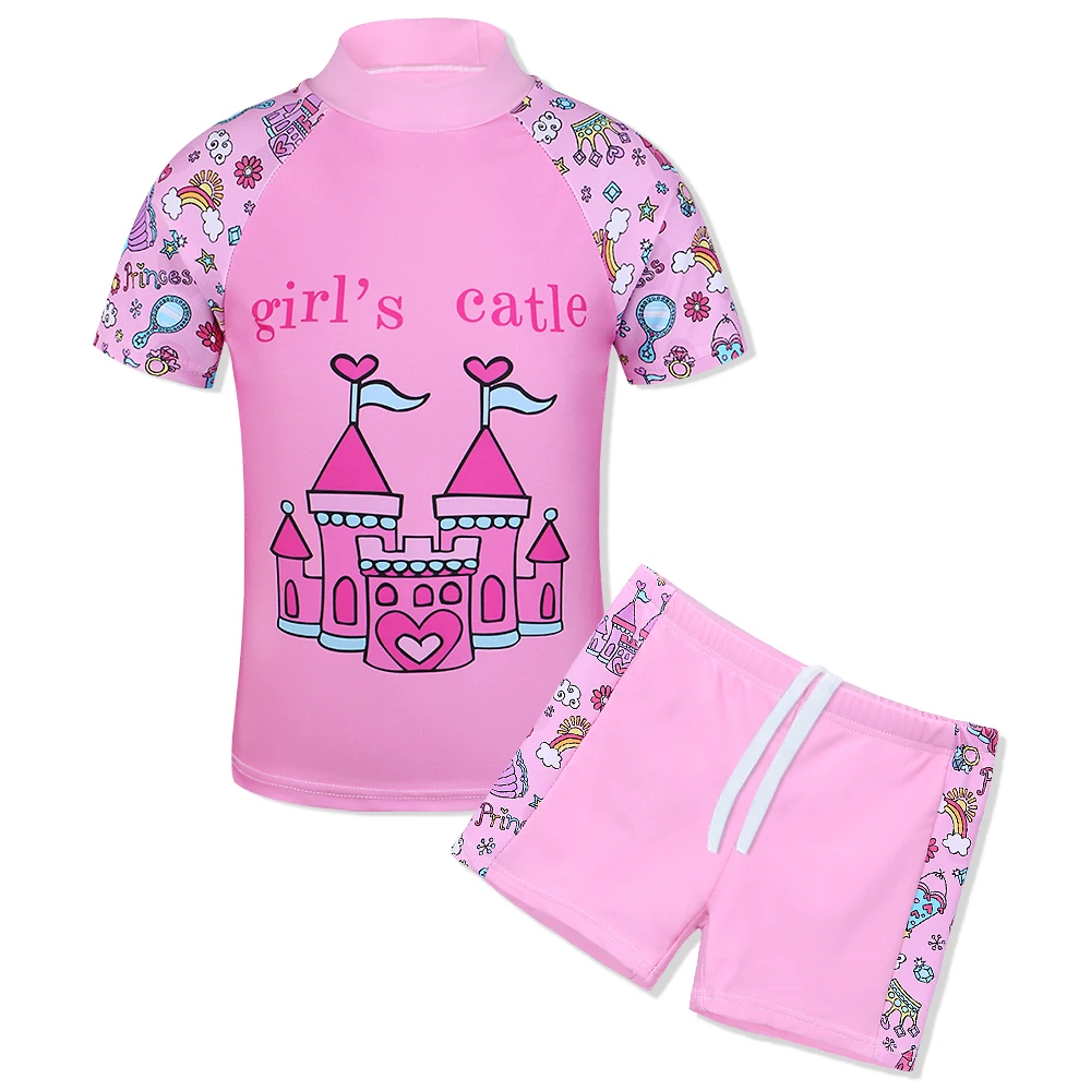 

BAOHULU Cute Pink Girls Swimwear UV Children Cartoon Swimming Suits Two Piece Top Shorts for Girl 3-10 Years Kids Rash Guards