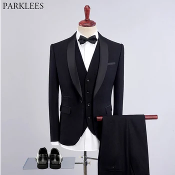 

Black Shawl Lapel 3 Pieces Suit Men Slim Fit One Button Dress Suit Blazer Jacket Pants Vest Wedding Groom Tuxedos Suits for Men