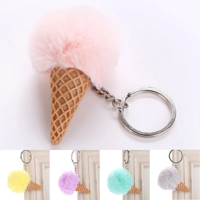 

Pokemon Ice Cream Keychain Fuax Rabbit Fluffy Fur Pom Pom Key Chain Handbag Car Keyring Pendant Couple Gifts llaveros para mujer